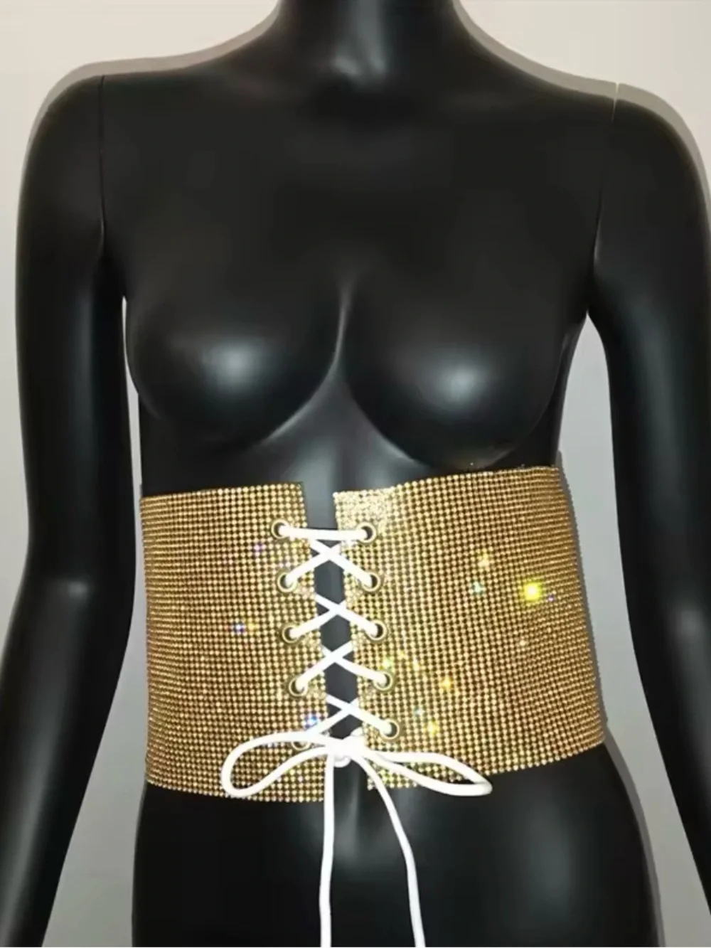 Gold Rhinestone Lace-Up Corset Waist Belt with White Tie
